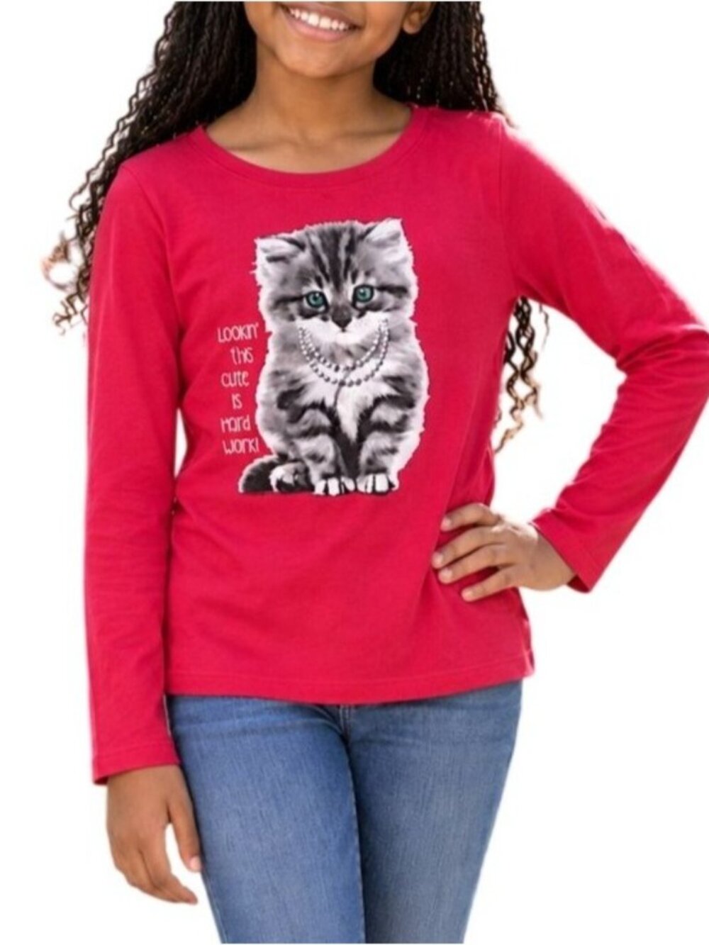 Faded Glory Size Large (10-12) Girls Red Long Sleeve Shirt Cat Graphic Quote